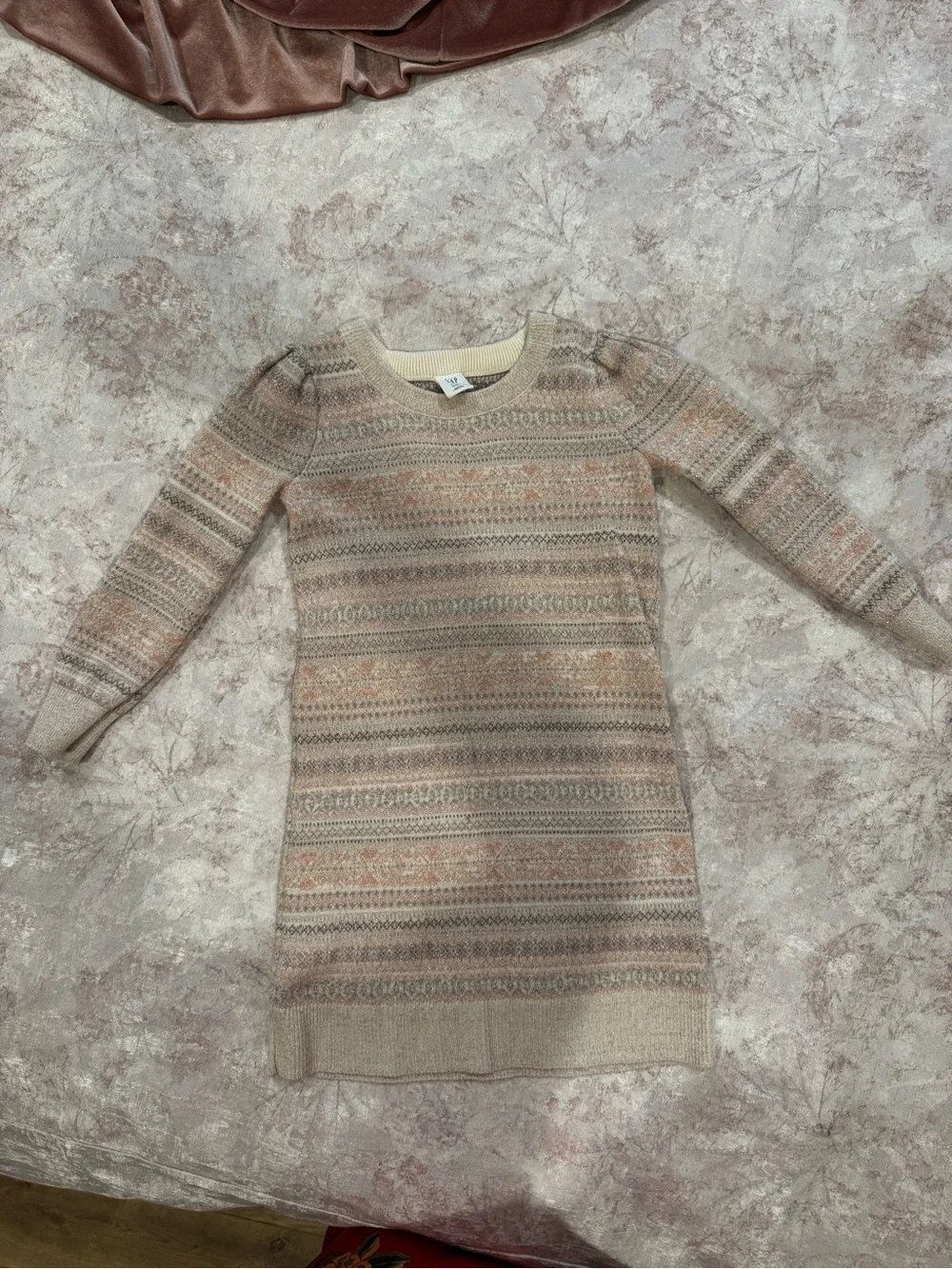 GAP Fair Isle Crewneck Sweater Dress in Beige, Peach and Gray
